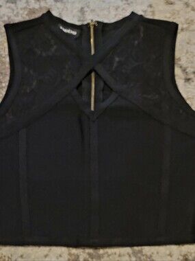bebe Black Cutout Crop Top | Gold Zip Back | Sleeveless Bandage Knit | Size m